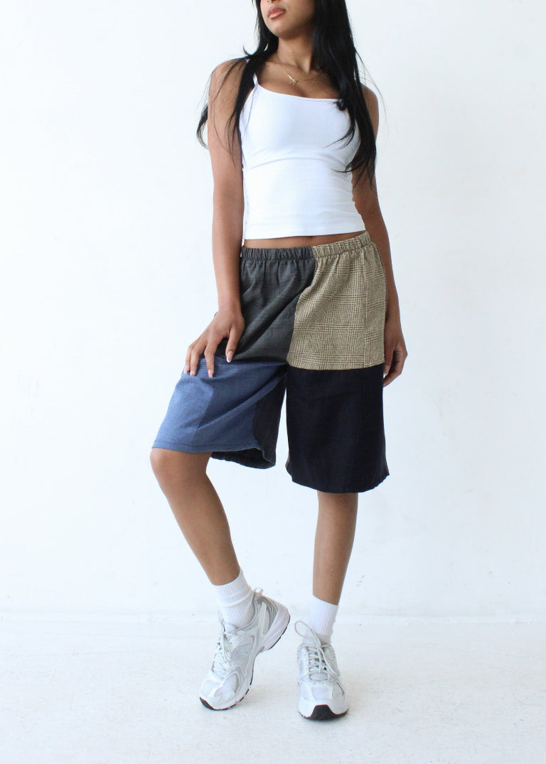 RCYCLD Long-Line Plaid Pieced Short
