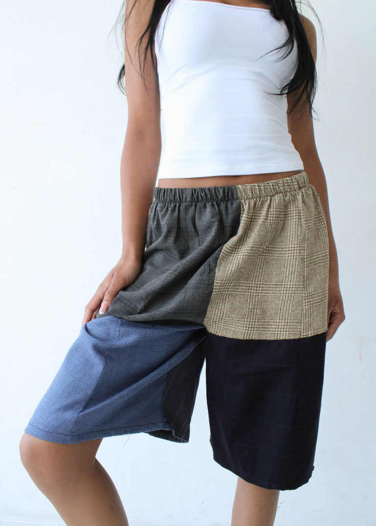 RCYCLD Long-Line Plaid Pieced Short