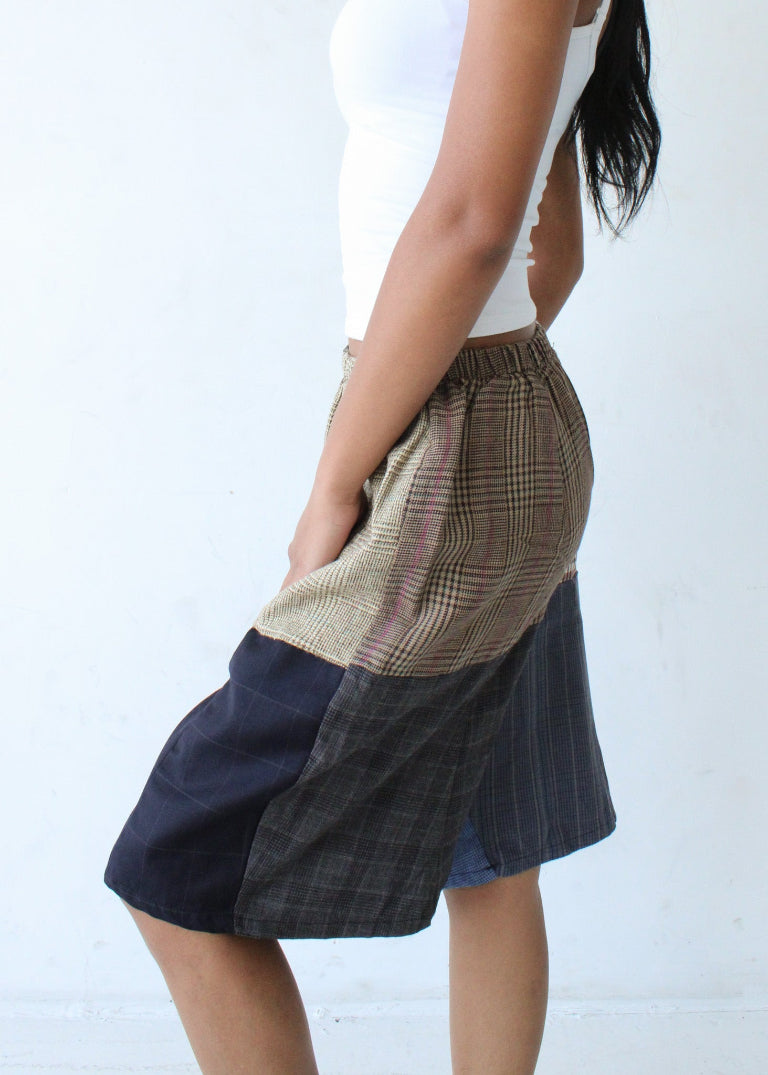RCYCLD Long-Line Plaid Pieced Short
