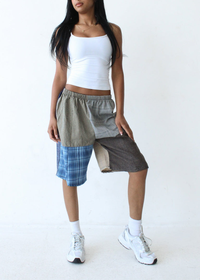 RCYCLD Long-Line Plaid Pieced Short