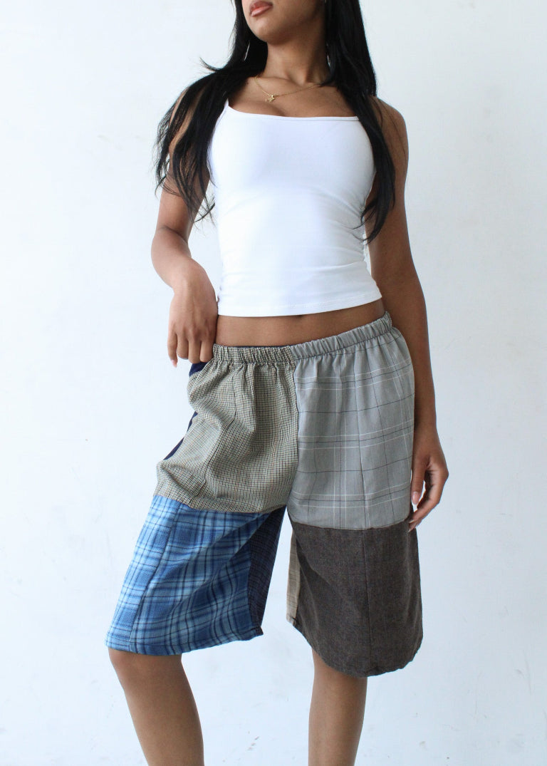RCYCLD Long-Line Plaid Pieced Short