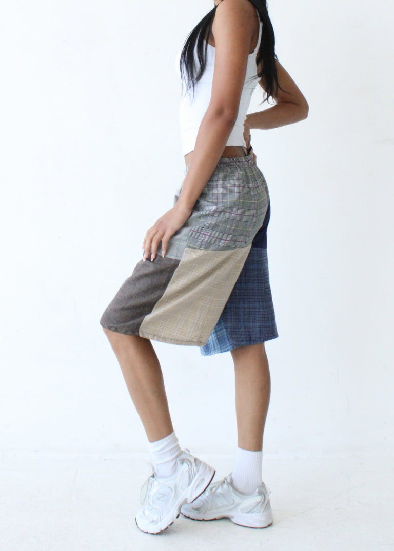 RCYCLD Long-Line Plaid Pieced Short