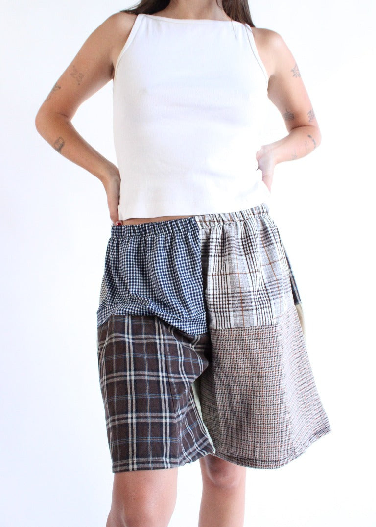 RCYCLD Long-Line Plaid Pieced Short
