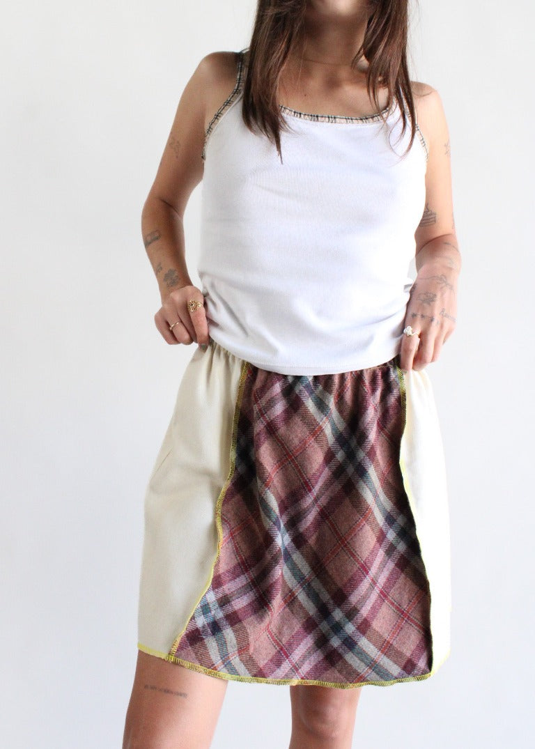 RCYCLD Solid x Plaid Wool Paneled Mini Skirt