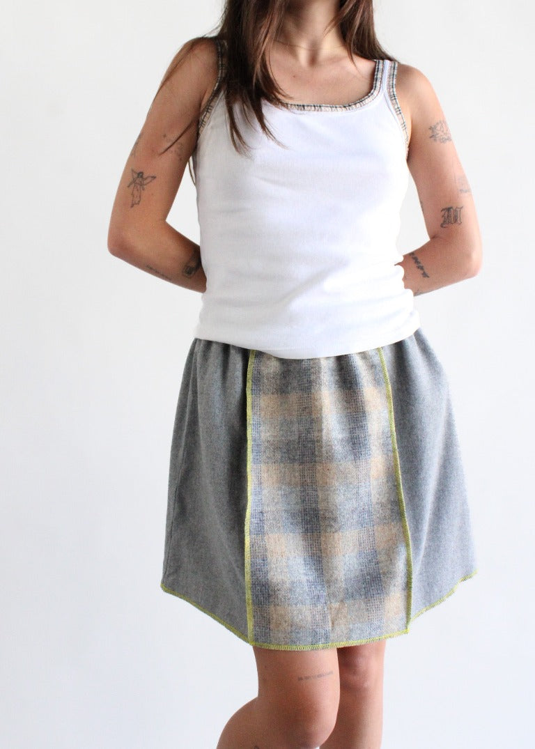 RCYCLD Solid x Plaid Wool Paneled Mini Skirt