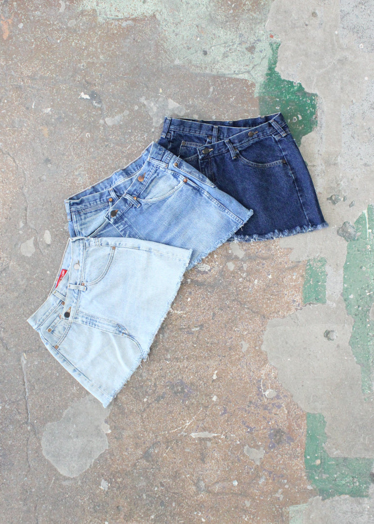 RCYCLD Cross Closure Denim Mini Skirt