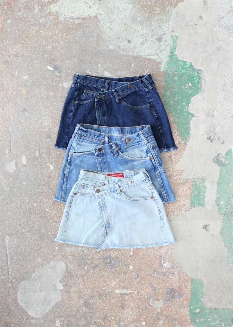 RCYCLD Cross Closure Denim Mini Skirt