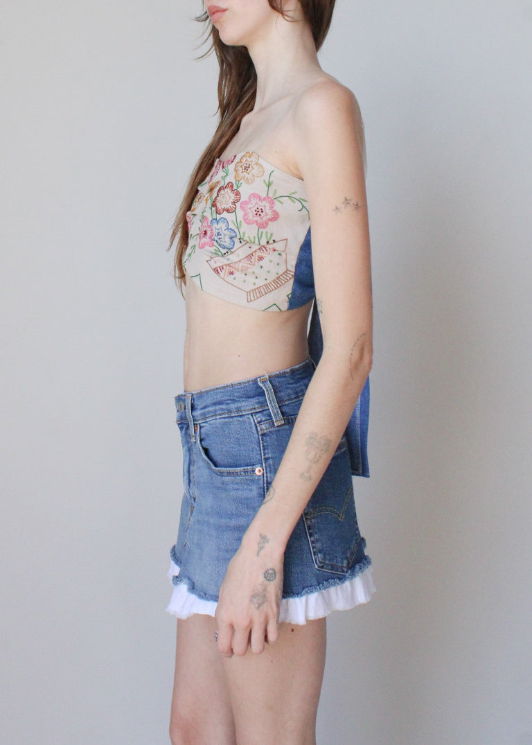 RCYCLD Embroidered x Denim Tie Top