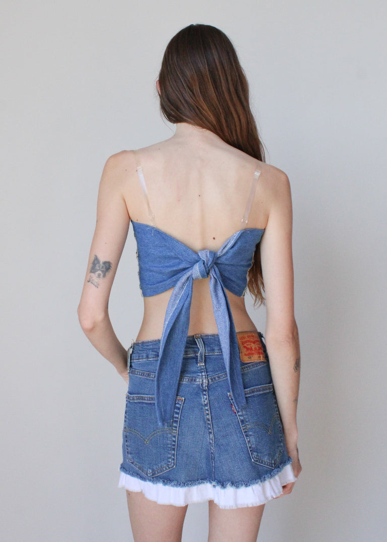 RCYCLD Embroidered x Denim Tie Top