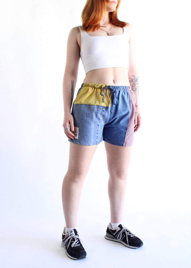 RCYCLD Plaid x Denim Combo Pieced Shorts