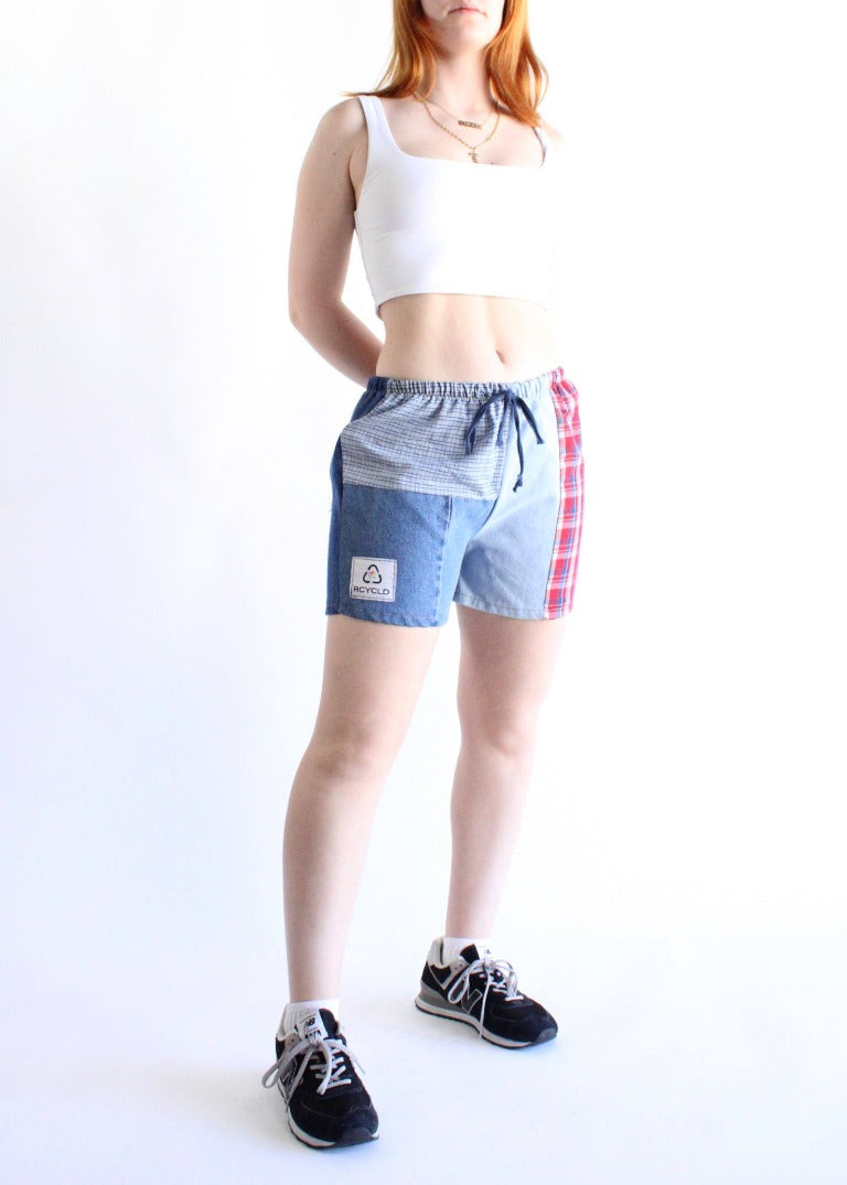 RCYCLD Plaid x Denim Combo Pieced Shorts