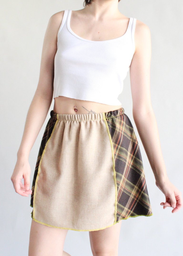 RCYCLD Solid x Plaid Wool Paneled Mini Skirt